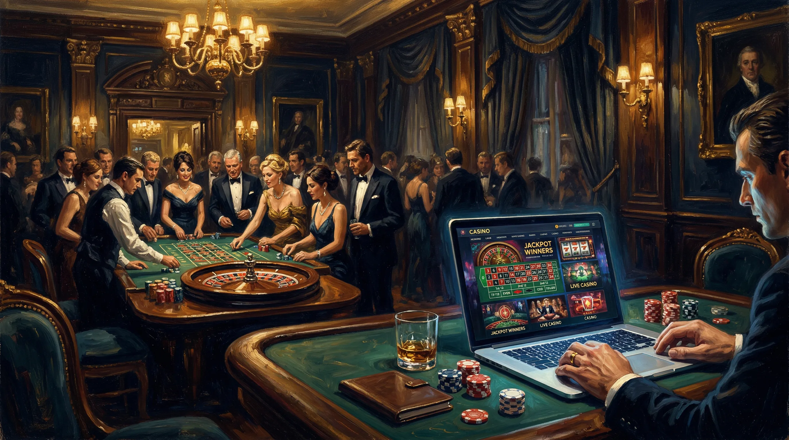 Traditional casino meets the digital age, laptop on green baize table