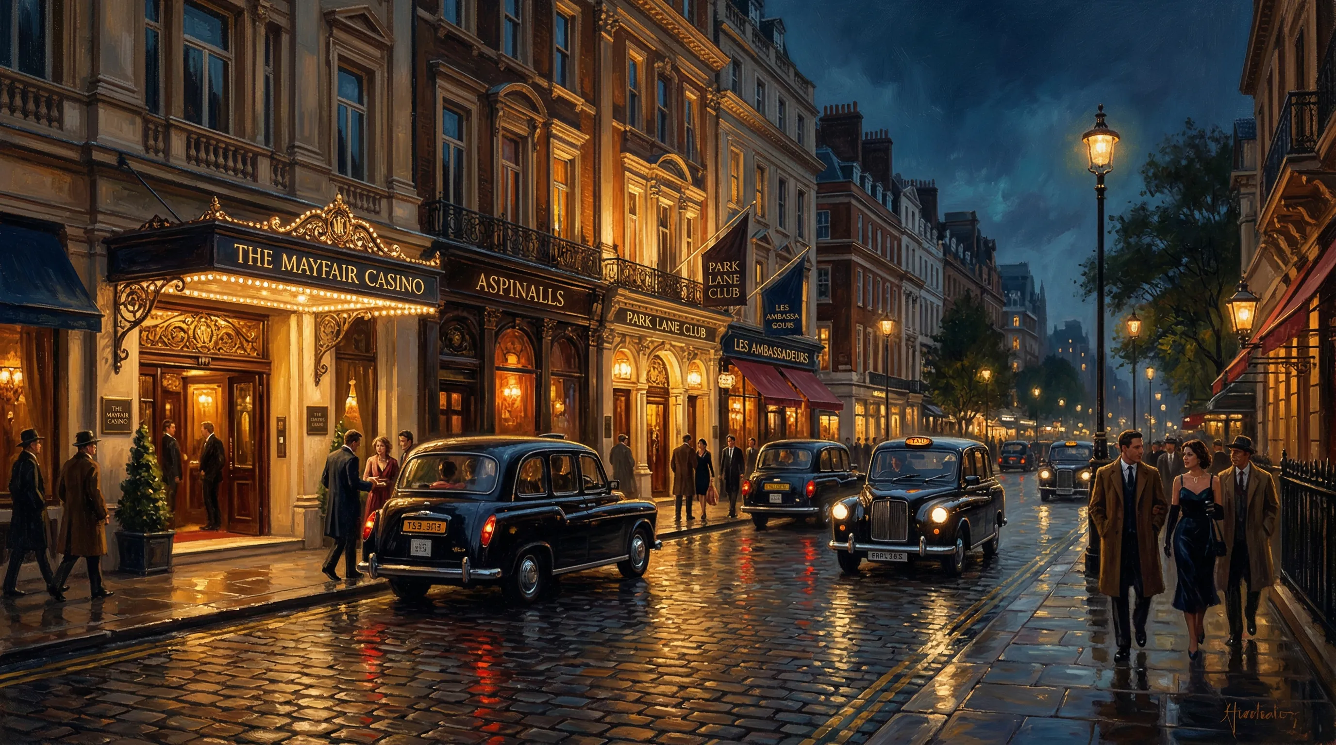 London's casino district at night, golden light from Mayfair casino entrances
